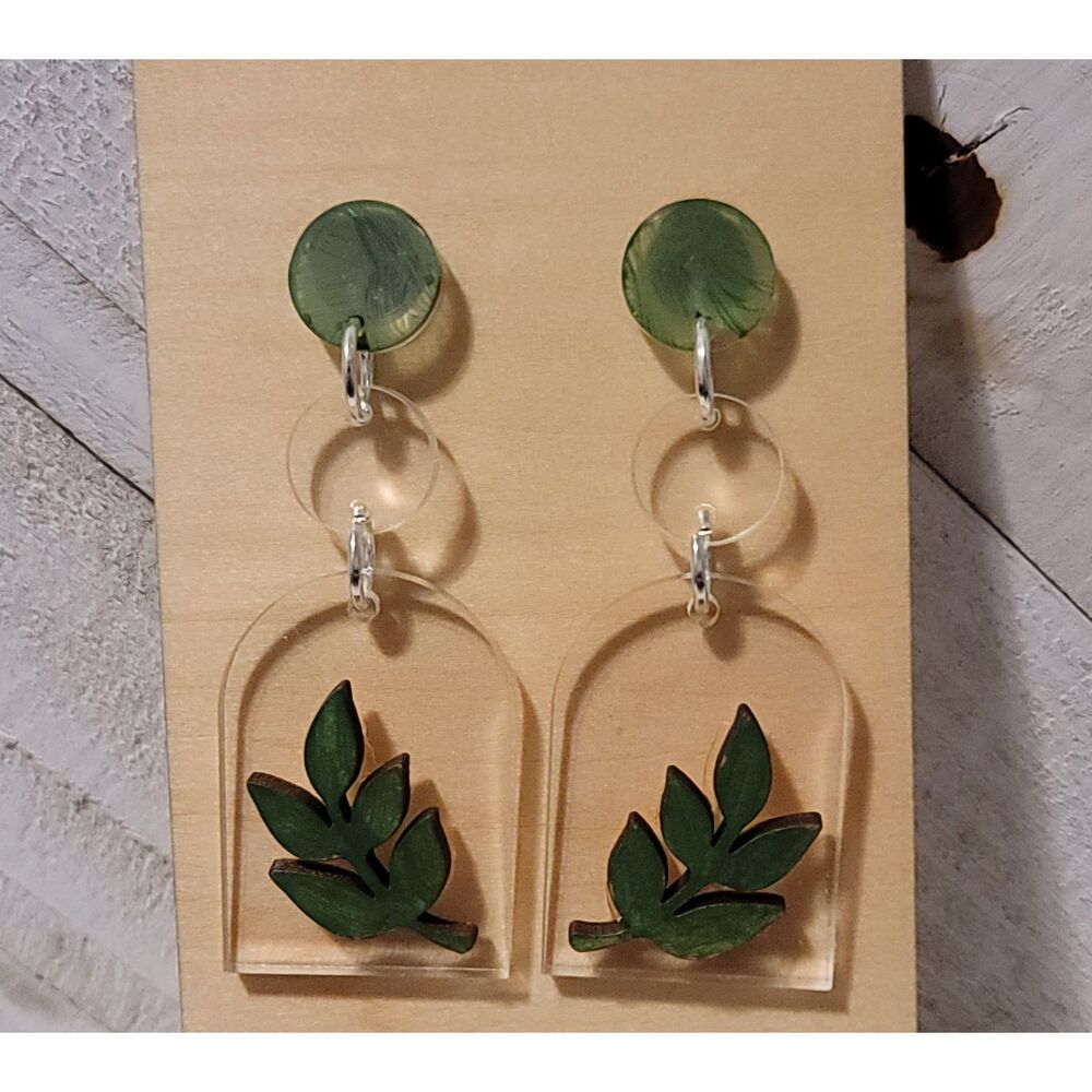 Handmade Green Leaf Acrylic Earrings Botanical Arch Dangle Lightweight Gift